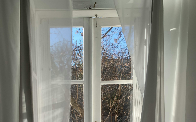 Living room with designer curtains